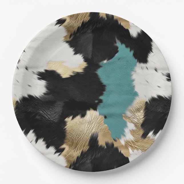 Turquoise Gold, Black White Cowhide Paper Plates (Front)