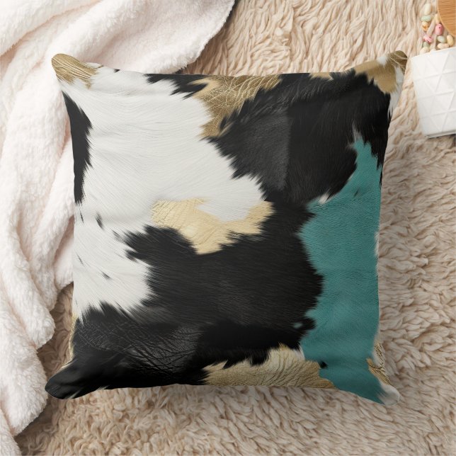 Turquoise Gold, Black White Cowhide Throw Pillow (Blanket)