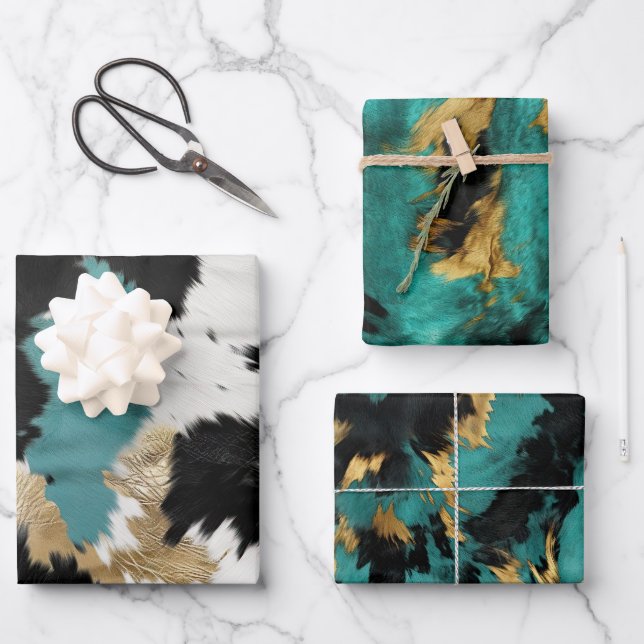 Turquoise Gold, Black White Cowhide Wrapping Paper Sheets (Front)