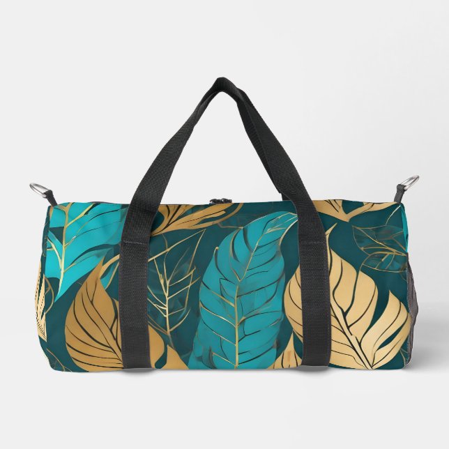 Turquoise Gold Boho Leaves Modern Collection Duffle Bag (Front)