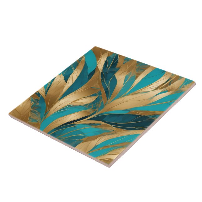 Turquoise Gold Boho Leaves Popular Collection Ceramic Tile (Side)