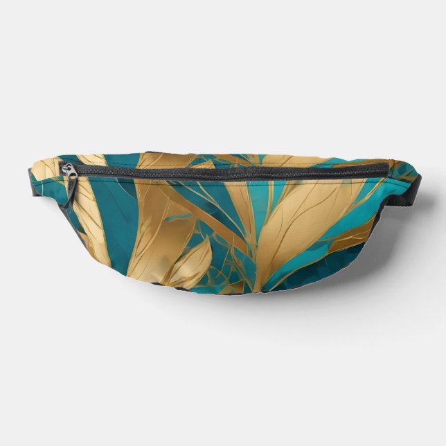 Turquoise Gold Boho Leaves Popular Collection Fanny Pack (Lay Down)