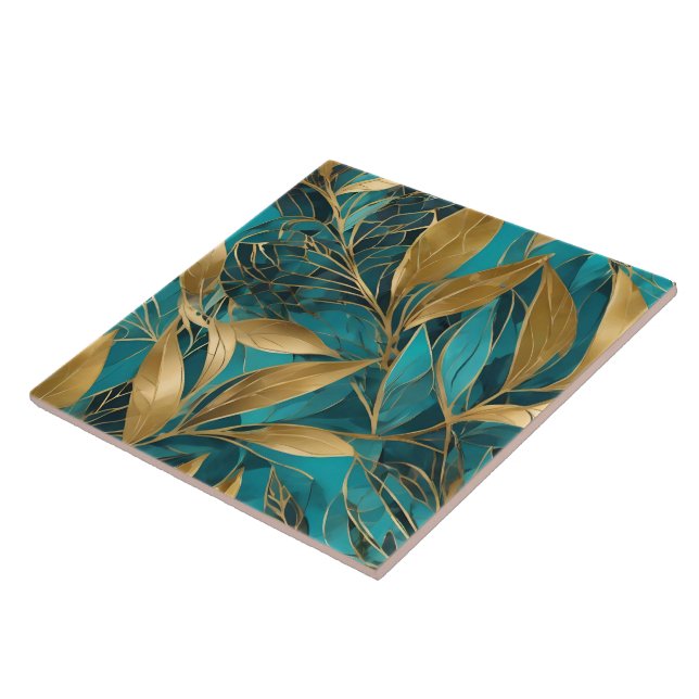 Turquoise Gold Boho Leaves Trendy Collection Ceramic Tile (Side)