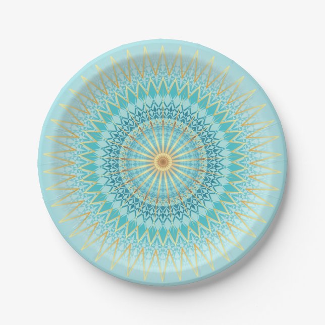 Turquoise Gold Boho Mandala Paper Plates (Front)