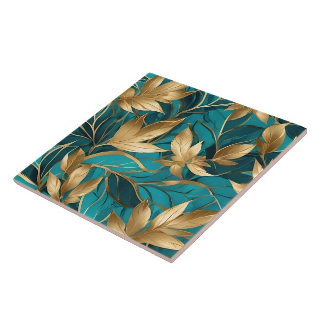 Turquoise Gold Boho Popular Leaves Collection Ceramic Tile (Side)
