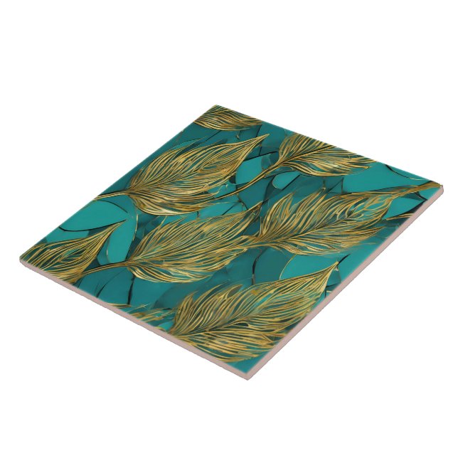 Turquoise Gold Boho Trendy Leaves Collection Ceramic Tile (Side)