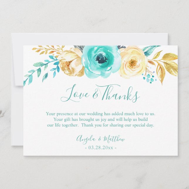 Turquoise Gold Botanical Floral Wedding Thank You Card (Front)