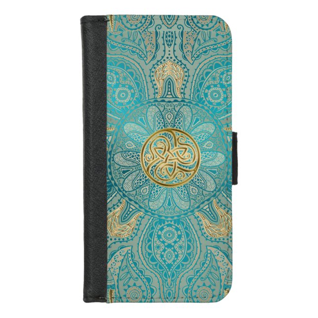 Turquoise Gold Celtic Mandala iPhone Wallet Case (Front)