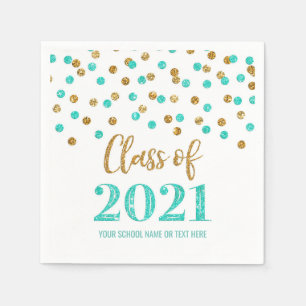 Turquoise Gold Confetti Class of 2021 Graduation Napkins