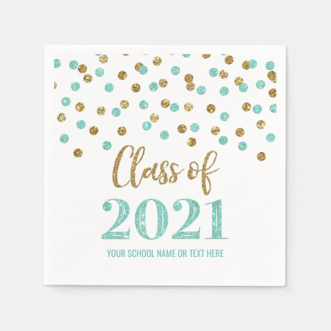 Turquoise Gold Confetti Class of 2021 Graduation Napkins (Front)