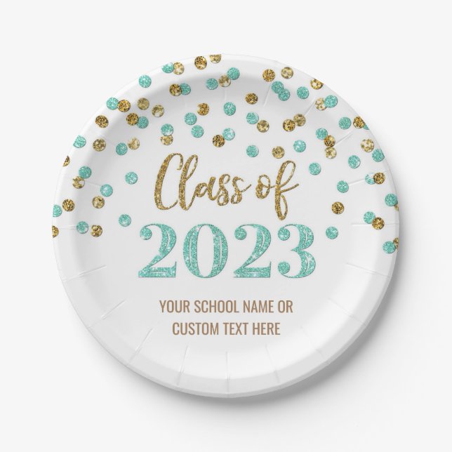Turquoise Gold Confetti Graduation 2023 Paper Plates (Front)