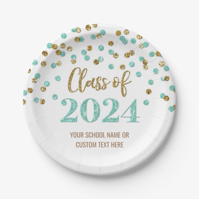 Turquoise Gold Confetti Graduation 2024 Paper Plates (Front)
