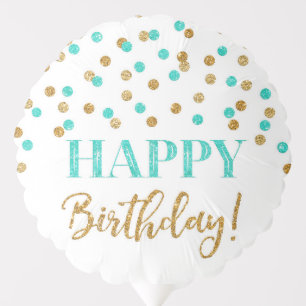 Turquoise Gold Confetti Happy Birthday Balloon