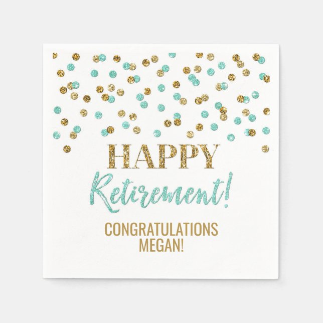 Turquoise Gold Confetti Happy Retirement Napkins (Front)