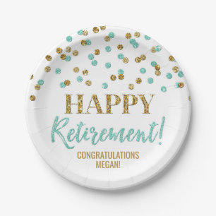 Turquoise Gold Confetti Happy Retirement Paper Plates