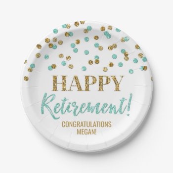 Turquoise Gold Confetti Happy Retirement Paper Plates by DreamingMindCards at Zazzle