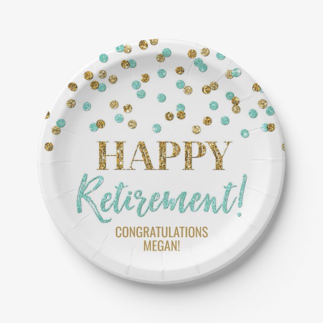 Turquoise Gold Confetti Happy Retirement Paper Plates (Front)