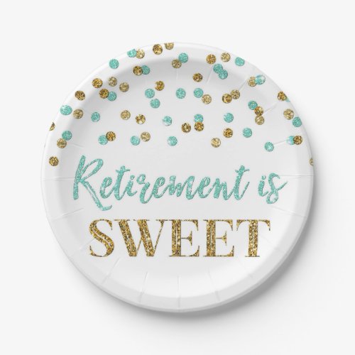 Turquoise Gold Confetti Retirement is Sweet Paper Plates