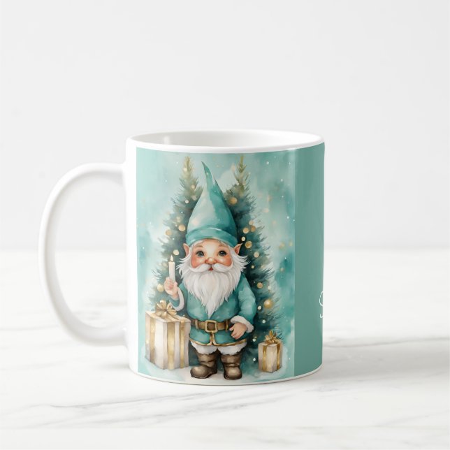 Turquoise & Gold Cozy Christmas Gnome Coffee Mug (Left)