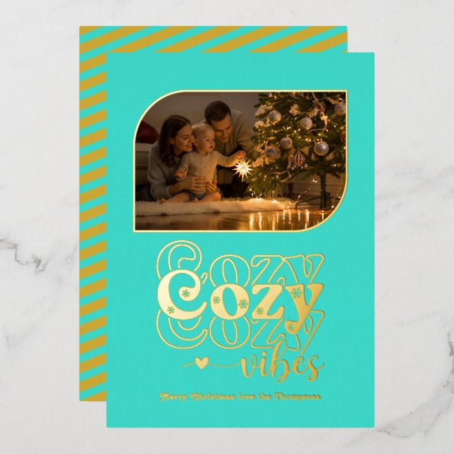 Turquoise & Gold Cozy Vibes Retro Christmas Photo Foil Holiday Card (Front/Back)