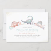 Turquoise & Gold Cute Girl Dinosaur Birthday Party Invitation (Front)