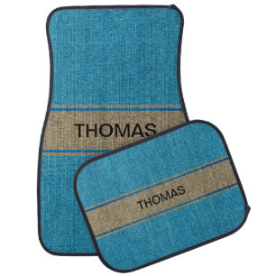 Turquoise Gold Denim Jeans Fabric Customized Name Car Floor Mat