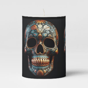 Turquoise Gold Día de los Muertos Skull Pillar Candle