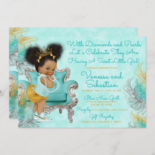 Turquoise Gold Feather Baby Shower Invitation