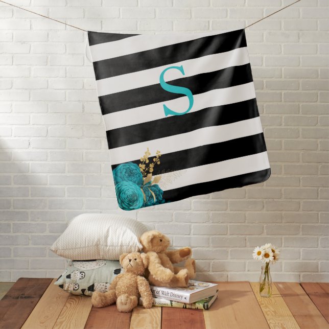 Turquoise Gold Floral Black White Stripes Monogram Baby Blanket (In Situ)