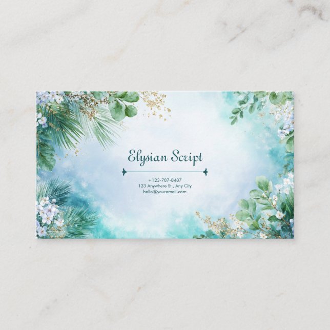 Turquoise Gold Floral Botanical Watercolor Business Card (Front)