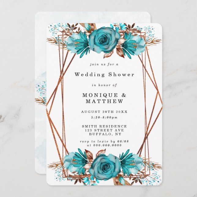Turquoise Gold Floral Frame Wedding Shower Invites (Front/Back)