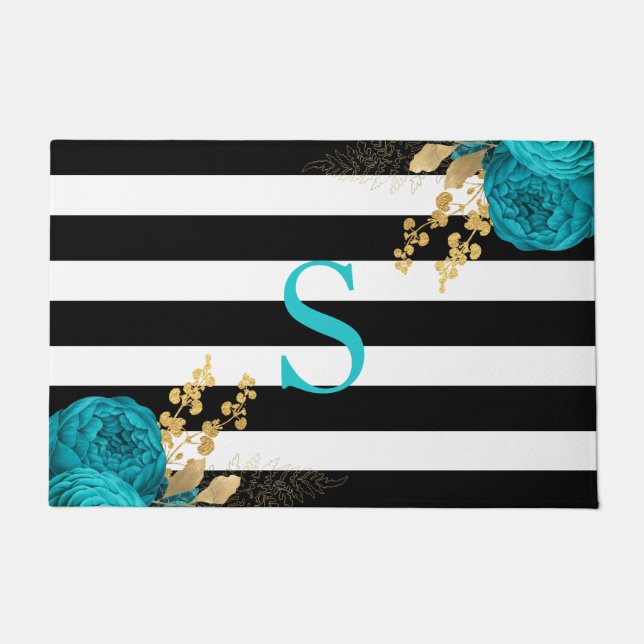 Turquoise Gold Floral Monogram Black White Stripes Doormat (Front)