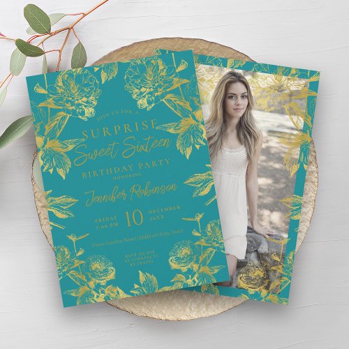 Turquoise  Gold Floral Photo SURPRISE Sweet 16   Invitation