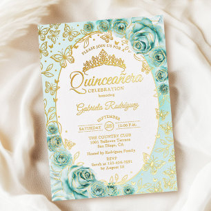 Turquoise Gold Floral Quinceanera Foil Invitation