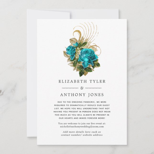 Turquoise & Gold Floral Reduced Wedding Guest List Announcement (Front)