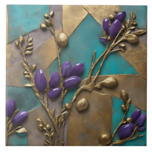 Turquoise & Gold Floral Relief Art with Purple  Ceramic Tile