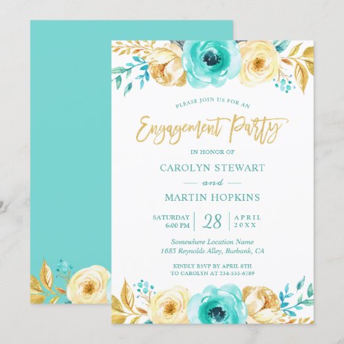 Turquoise Gold Floral Romance Engagement Party Card