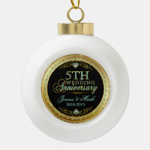 Turquoise & Gold Frame & 5th Wedding Anniversary Ceramic Ball Christmas Ornament