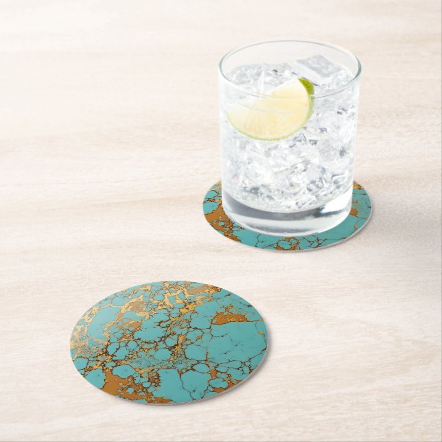 Turquoise Gold Gem Pattern Round Paper Coaster (Insitu)