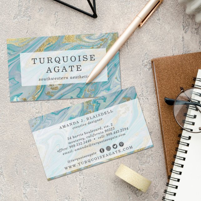 Turquoise & Gold Geode Marble Swirl Social Media Business Card (Creator Uploaded)