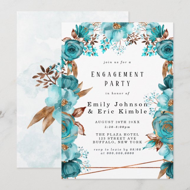 Turquoise Gold Geometric Floral Engagement Party Invitation (Front/Back)