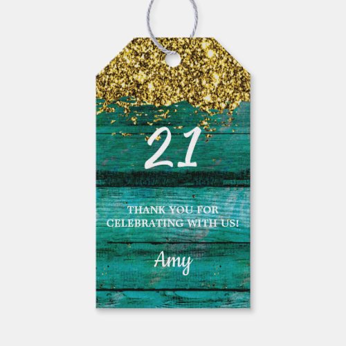 Turquoise Gold Glitter 21 Birthday Girly Sparkle Gift Tags