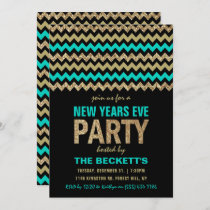Turquoise & Gold Glitter Chevron New Years Party Invitation