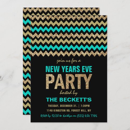 Turquoise  Gold Glitter Chevron New Years Party Invitation