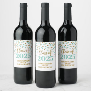 Turquoise Gold Glitter Class of 2025 Graduation Wine Label
