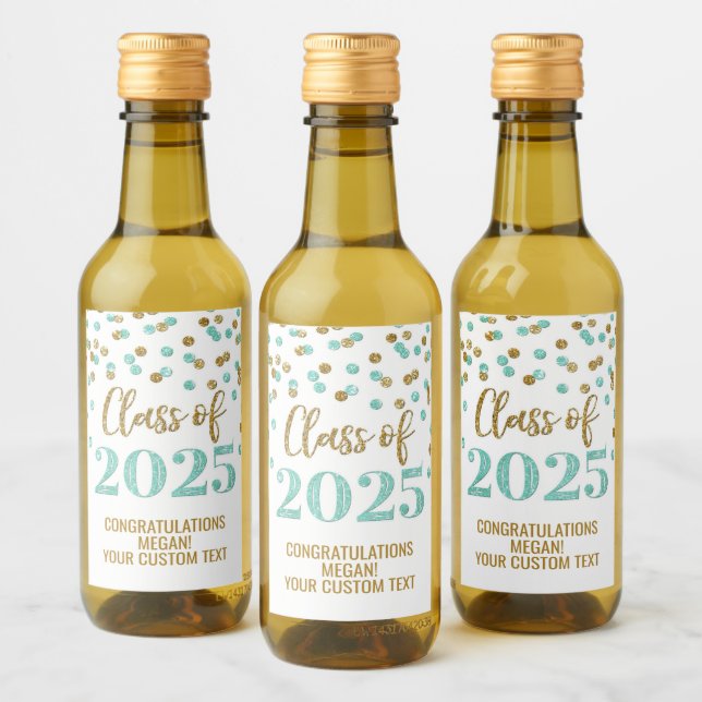 Turquoise Gold Glitter Class of 2025 Graduation Wine Label (Bottles)