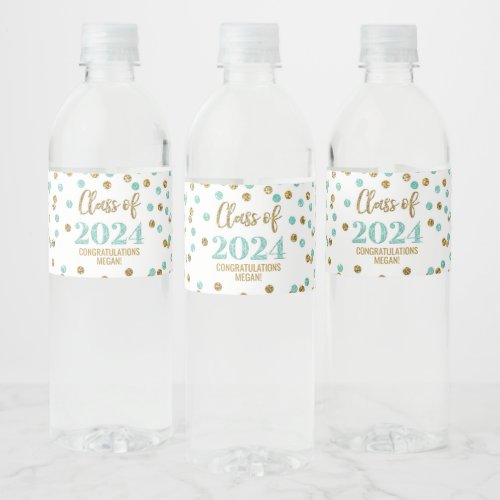 Turquoise Gold Glitter Confetti Graduation Water Bottle Label