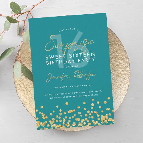 Turquoise Gold Glitter Confetti Surprise Sweet 16  Invitation