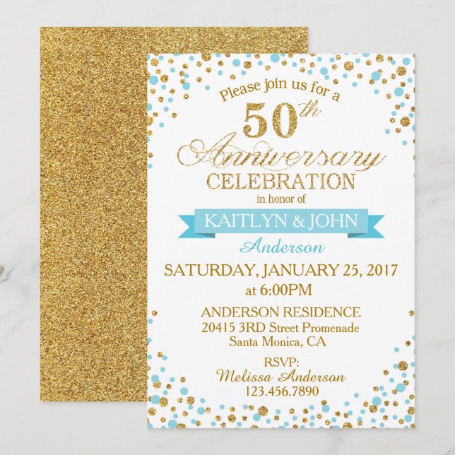 Turquoise Gold Glitter Dots 50th Anniversary Invitation (Front/Back)