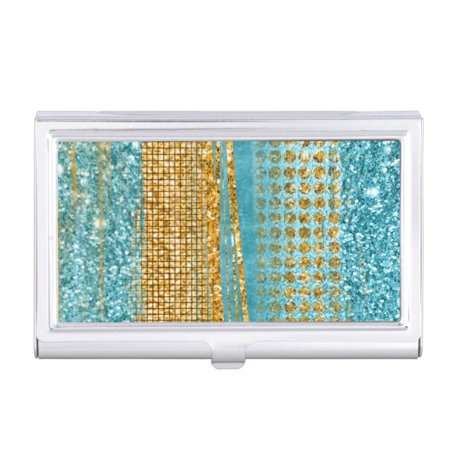 Turquoise Gold Glitter Elegant Chic Girly  Business Card Case (Front)